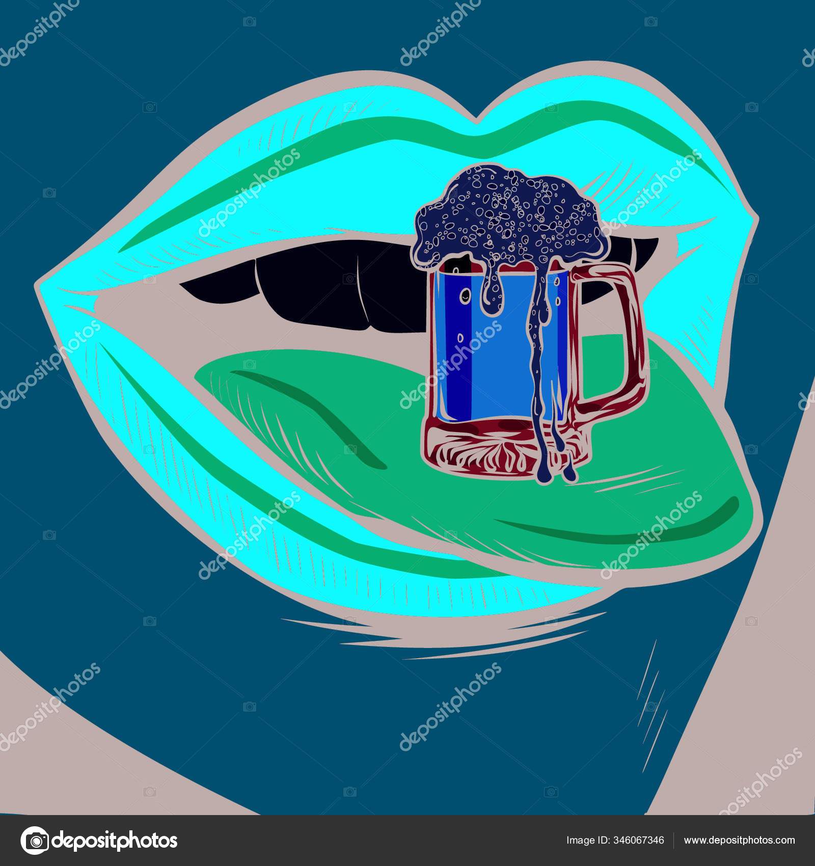Beer Mug Foam Female Tongue Mouth Comic Cartoon Pop Art Stock Vector