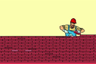 The Builder lays brick masonry in the middle. Pop art retro vector illustration vintage kitsch vector