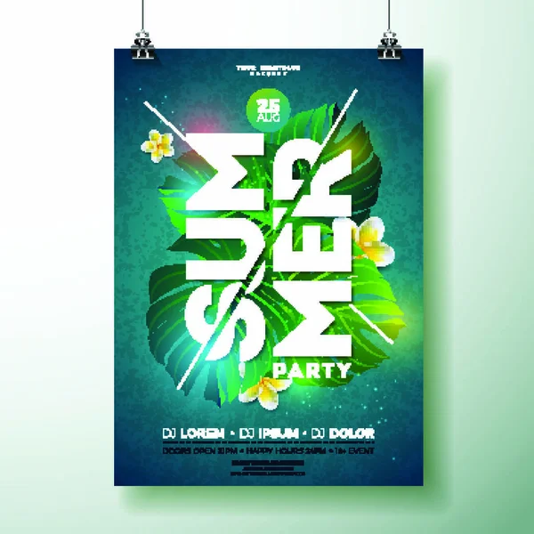 Vector Summer Beach Party Flyer Design Com Flores Plantas Tropicais — Vetor de Stock