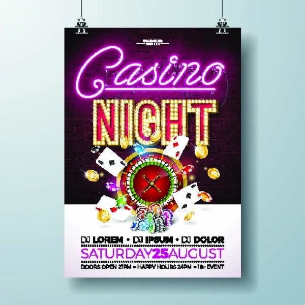 Vector Casino Night Flyer Ilustracja Elementami Projektu Hazardu Błyszczącym Neonowym — Wektor stockowy