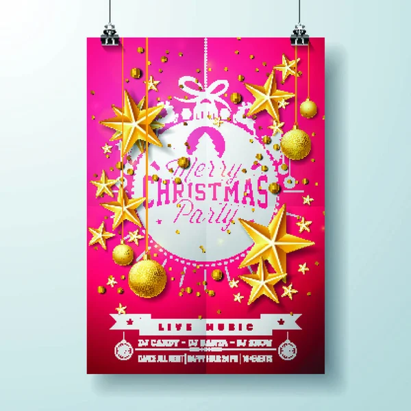 Merry Christmas Party Flyer Design Holiday Typography Lettering Star Ornamental — Stock Vector