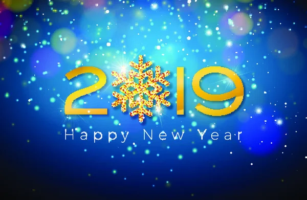 2019 Feliz Año Nuevo Ilustración Con Brillante Número Oro Copo — Vector de stock
