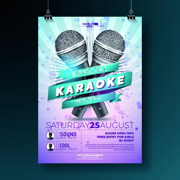 Ilustracja Vector Flyer Temat Karaoke Party Mikrofonami Wstążką Fioletowym Tle — Wektor stockowy