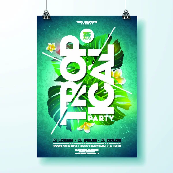 Vector Tropical Party Flyer Design Flower Tropical Plants Blue Background — 스톡 벡터