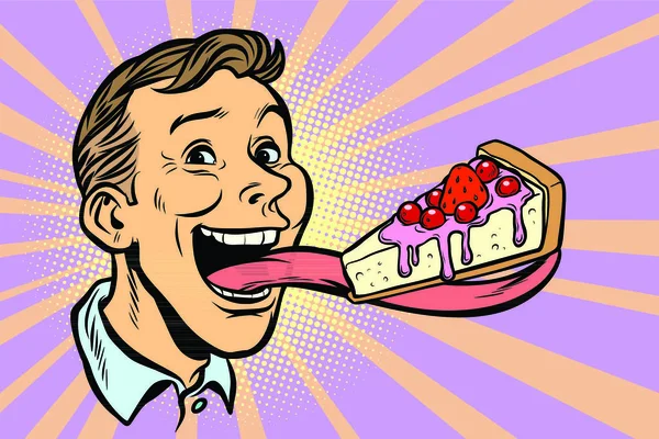 男人用长舌头的蛋糕 漫画动画流行艺术复古矢量插画 — 图库矢量图片