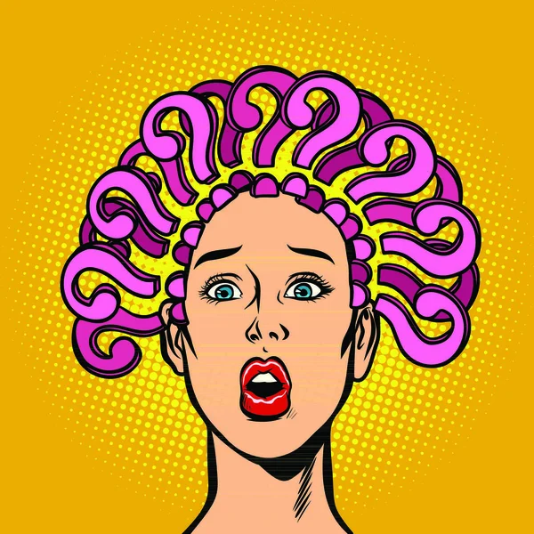 Question Mark Hair Head Surprised Woman Comic Cartoon Pop Art — Stock Vector