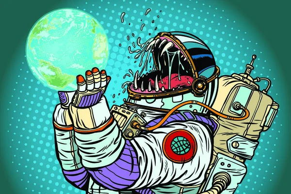 Astronaut Monster Eet Aarde Planeet Hebzucht Honger Van Mensheid Concept — Stockvector