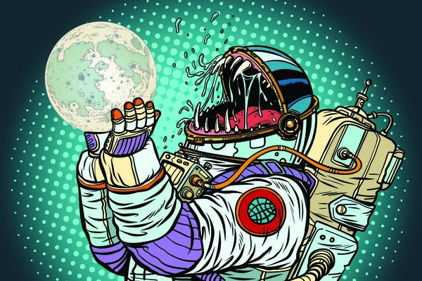 Een Astronautenmonster Eet Maan Hebzucht Honger Van Mensheid Concept Pop — Stockvector