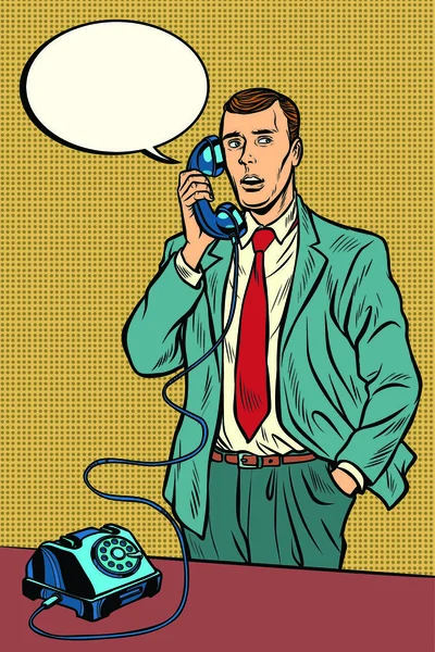 Mann Spricht Auf Einem Retro Telefon Pop Art Retro Vektor — Stockvektor