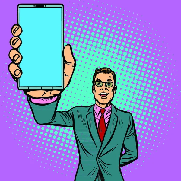 Geschäftsmann Zeigt Ein Smartphone Gadgets Und Technologien Pop Art Retro — Stockvektor