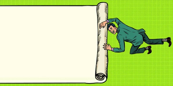 Людина Розгортає Складки Паперового Фонового Копіювання Простору Поп Арт Ретро — стоковий вектор