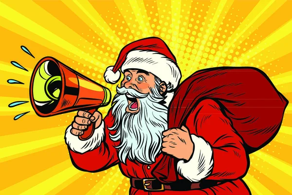 Weihnachtsmann Mit Megafon Pop Art Retro Vektor Illustration Vintage Kitsch — Stockvektor