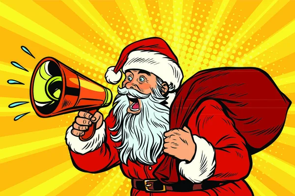 Santa Claus Con Megáfono Arte Pop Retro Vector Ilustración Vintage — Vector de stock