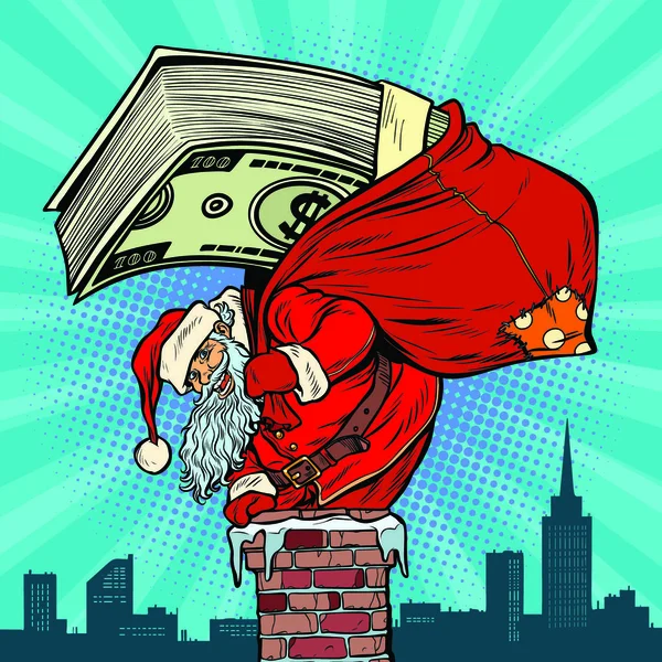 Geld Dollar Der Weihnachtsmann Mit Geschenken Klettert Den Kamin Weihnachten — Stockvektor