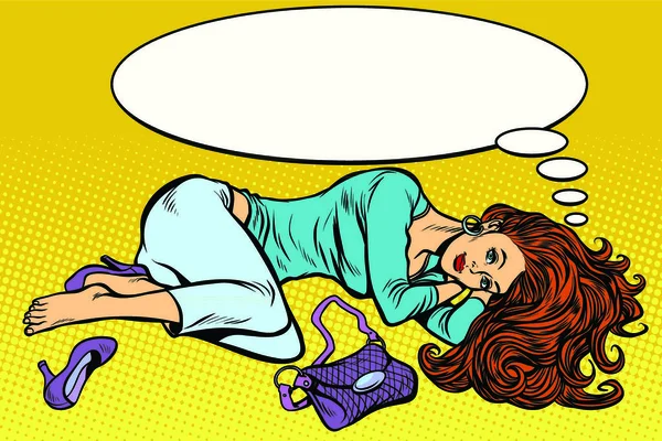 Dressed beautiful woman lies and dreams. Pop art retro vector illustration kitsch vintage — Stock Illustration Dressed Beautiful Woman Lies Dreams Pop Art Retro Vector Illustration Vector Graphics