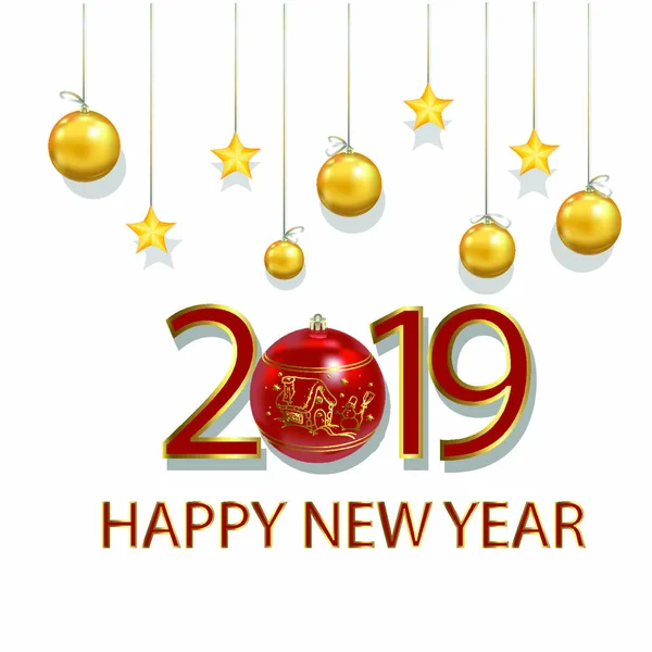Año Nuevo 2019 Hermosa Tarjeta Felicitación Con Juguetes Árbol Navidad — Vector de stock