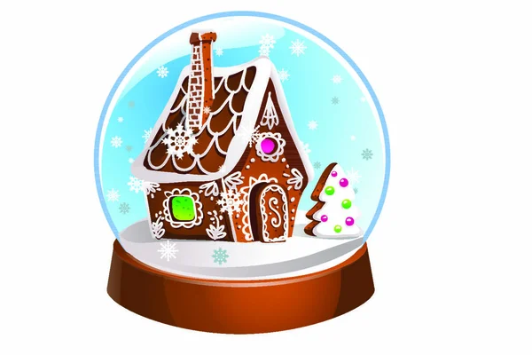 Snow Globe Gingerbread House Snowflakes Christmas Decoration Crystal Ball Isolated Stock Illustration