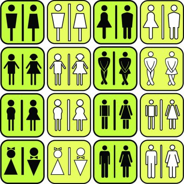 modern style of colorful toilet, restroom sign with men, women,  aged in art style design, vector set clipart