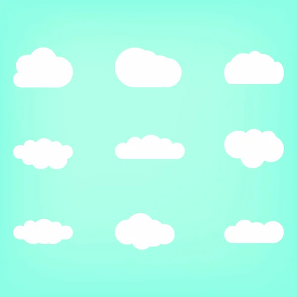 Ilustración Vectorial Conjunto Nubes Blancas Sobre Fondo Azul Estilo Plano — Vector de stock
