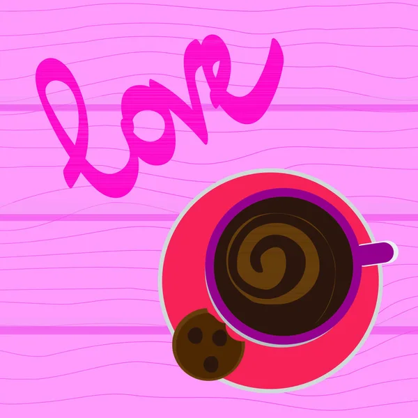 Vektorillustration Liebe Und Tasse Mit Kaffee Auf Einem Hölzernen Hintergrund — Stockvektor