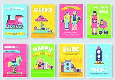 Kids playground field brochure cards set. staff equipment template of flyear, magazine, poster, book cover, booklet, banners. Outdoor park invitation concept. Layout illustrations modern vector Kids playground field brochure cards set. staff equipment template of flyear, magazine, poster, book cover, booklet, banners. Outdoor park invitation concept. Layout illustrations modern vector