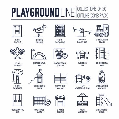 Kids thin line playground field with many staff equipment background icons set. Outline vector flat fun outdoor park illustration concept vector Kids thin line playground field with many staff equipment background icons set. Outline vector flat fun outdoor park illustration concept vector