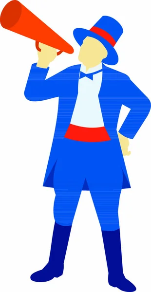 Illustration im Retro-Stil eines Rädelsführers, eines Zeremonienmeisters, eines bedeutenden Artisten in einem Zirkus, der schreit und auf isoliertem Hintergrund ein Ochsenhorn hält. — Stockillustration Illustration Retro Stil Eines Rädelsführers Eines Zeremonienmeisters Eines Bedeutenden Artisten — Stockvektor