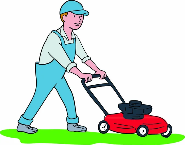孤立した背景に芝生の芝刈り機や芝刈り機を側面から見た庭師の漫画風イラスト — ストックベクタ
