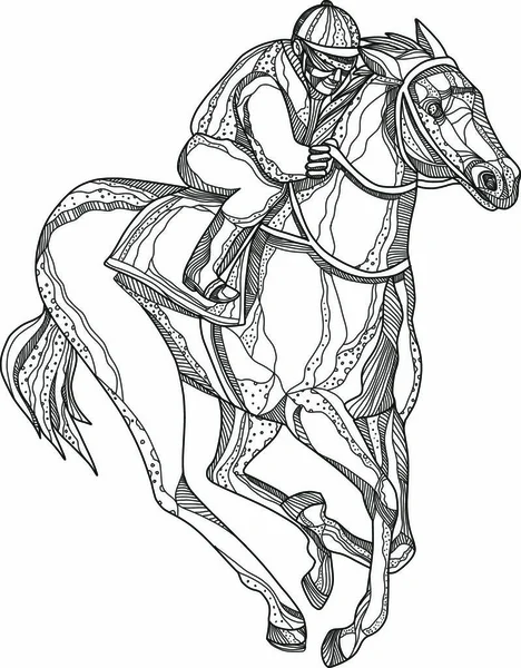 Doodle Art Illustration Jockey Equestrian Riding Horse Racing Viewed Side — Stock Vector