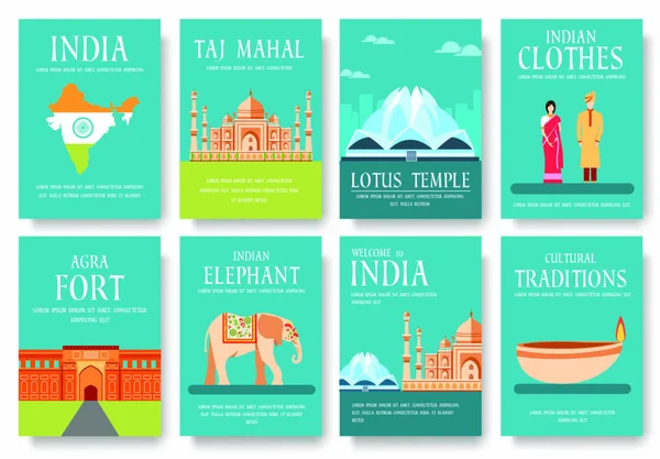 Conjunto India País Ornamento Viaje Concepto Cultura Tradicional Revista Libro — Vector de stock