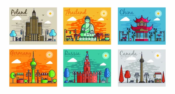 Conjunto Diferentes Ciudades Para Destinos Turísticos Plantilla Banner Puntos Referencia — Vector de stock