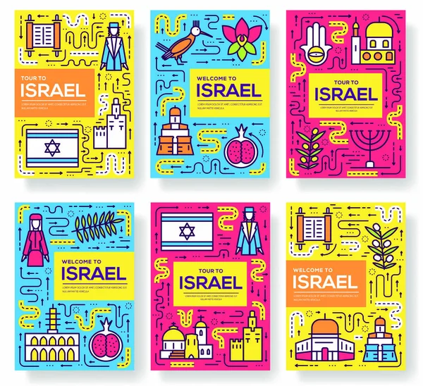 Cartões Brochura Vetorial Israel Conjunto Linhas Finas País Modelo Flyear —  Vetores de Stock
