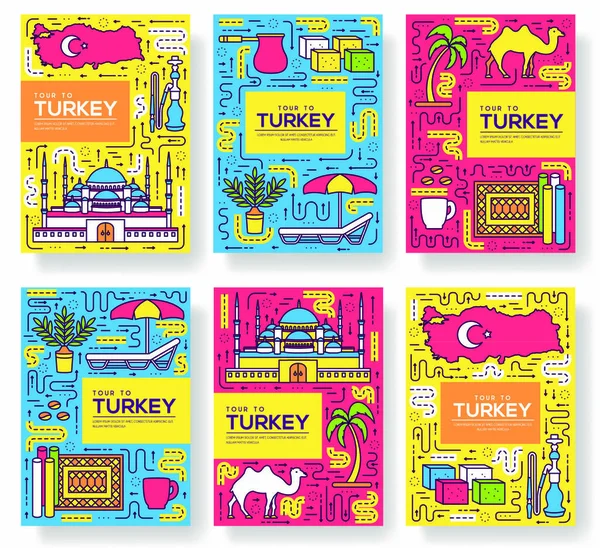 Ülke Türkiye Vektör Broşürleri Ince Çizgi Halinde Uçuş Şablonu Dergiler — Stok Vektör