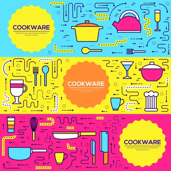 Premium Quality Cookware Vector Brochure Cards Thin Line Set Kitchen — Stock Vector