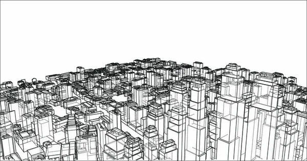 ワイヤーフレーム都市 ブループリントスタイル 3Dレンダリングベクトルイラスト 建築設計の背景 — ストックベクタ