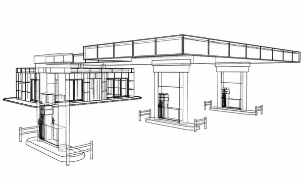 Benzinestation Vectorweergave Van Draadframe Stijl Lagen Zichtbare Onzichtbare Lijnen Worden — Stockvector