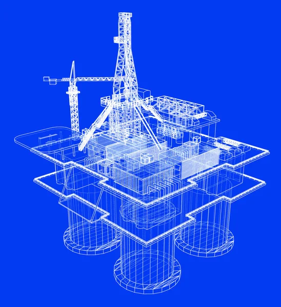 Offshore Piattaforma Perforazione Piattaforma Petrolifera Concetto Rendering Vettoriale Stile Wire — Vettoriale Stock