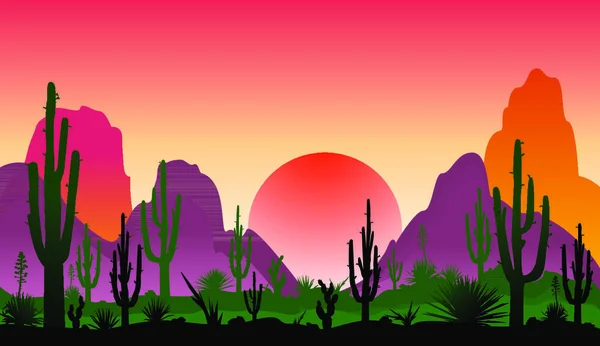 Закат Каменной Пустыне Кактусами Силуэты Камней Кактусов Растений Пустынный Пейзаж — стоковый вектор