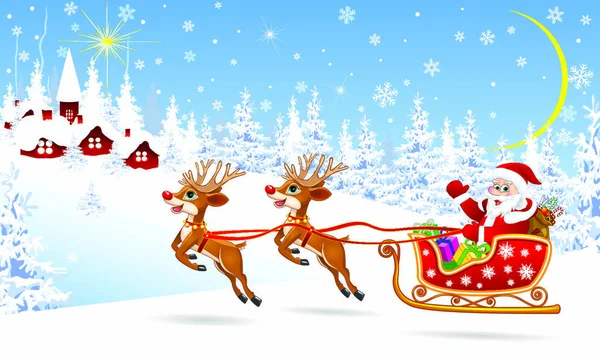 背景村庄和冬季森林上的圣诞老人和鹿群 圣诞老人骑在雪橇上 被鹿套着 圣诞老人 雪橇上有礼物 — 图库矢量图片