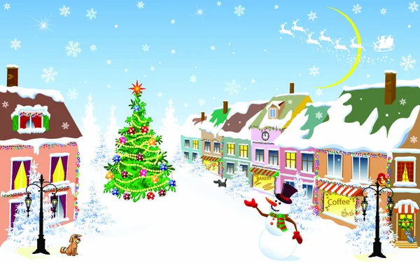 Городская Улица Зимнюю Рождественскую Ночь Добро Пожаловать Снеговик Санта Клаус — стоковый вектор
