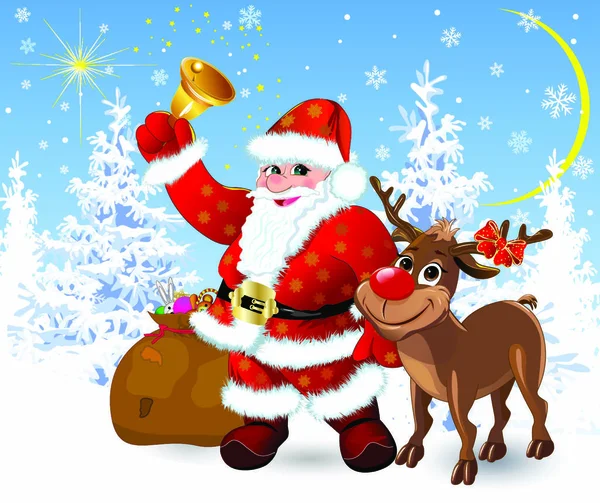 산타클로스와 크리스마스 밤에는 클로스와 사슴이 — 스톡 벡터