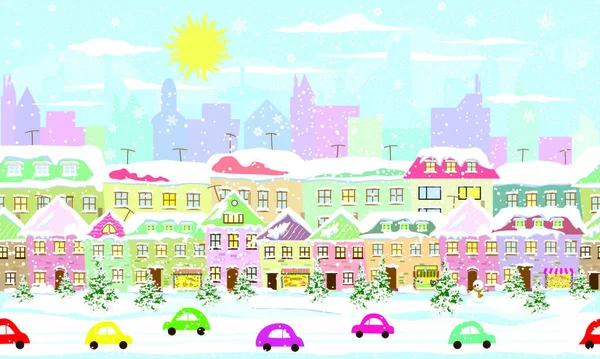 Paisagem Cidade Inverno Sem Costura Rua Cidade Inverno Casas Estão —  Vetores de Stock