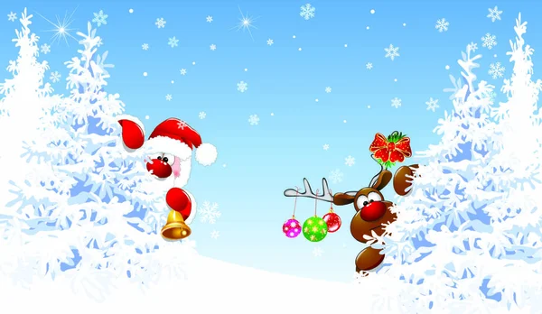 圣诞老人和一头鹿站在冬天的森林里 背景是白雪覆盖的冷杉树 卡通圣诞老人和鹿鲁道夫 — 图库矢量图片