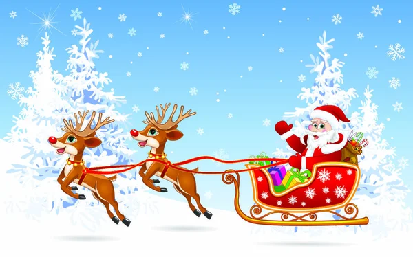 Kerstman Hert Het Winterbos Aan Vooravond Van Kerstmis — Stockvector