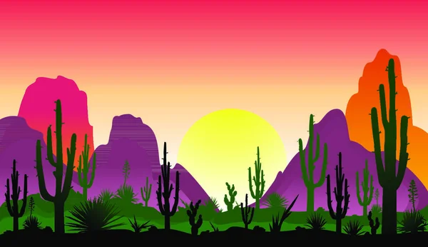 Закат Пустыне Силуэты Камней Кактусов Растений Пустынный Пейзаж Кактусами Каменная — стоковый вектор