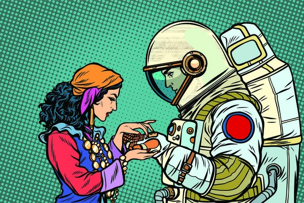 Waarzegster Een Astronaut Handlijnkunde Met Hand Popart Retro Vector Illustratie — Stockvector