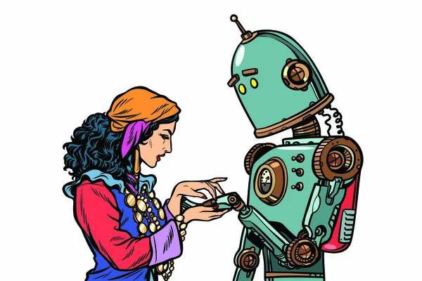 Cigány Mondja Sorsa Kezét Robot Tudni Szeretni Akar Pop Art — Stock Vector