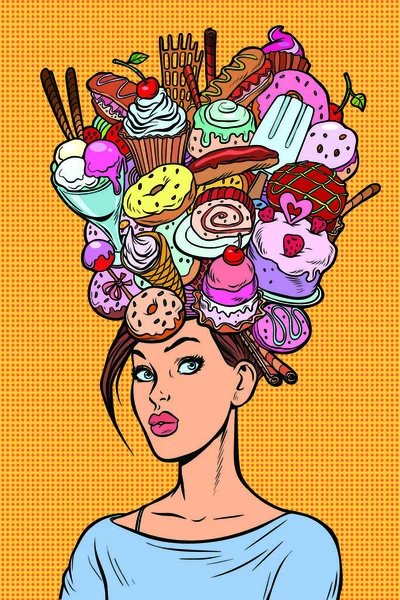 Concept Pensées Femme Affamée Bonbons Cuisson Anniversaire Pop Art Rétro — Image vectorielle