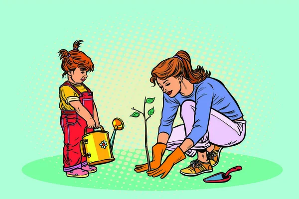 Anne Kızı Bahçede Çalışıyor Tohum Ekiyorlar Pop Art Retro Vektör — Stok Vektör