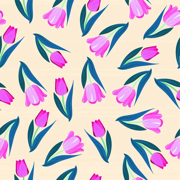Romántico Fondo Dibujado Mano Con Tulipanes Patrón Inconsútil Vintage Tulipanes — Vector de stock